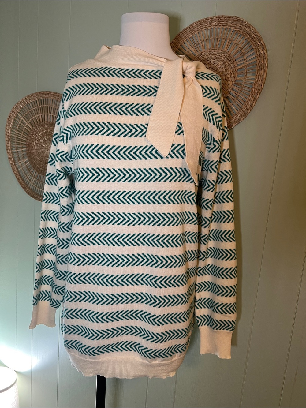Off-the-Shoulder Cream Sweater with Teal Chevron Stripes and Bow